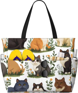 Generic Cute Cat Print Large Beach Bag Foldable Travel Shoulder Tote Bag With Pocket For Weekender Pool Vacation