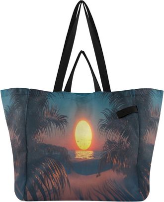 Generic Yellow Sunset Palm Tree print Reusable Canvas Tote Bag, Heavy Duty Grocery Shopping Bag with Double Handles Hard Bottom Large Capacity Work Groceries 