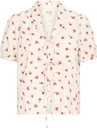 Ichi Geranium Flower Blouse met Strik Voorkant - Dames - Blouses - Beige - S - Katoen - Overhemden