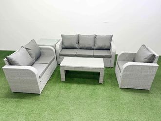 Fimous Patio PE Wicker 6 Seater Outdoor Rattan Furniture Sofa Sets w/ Oblong Coffee Table Reclining Chair Loveseat Sofa 3 Seater Sofa Side Table