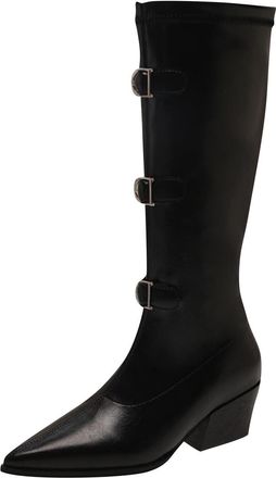 Generic Womens Knee High Boots with Metal Belt Buckle Solid Color Pointed Toe Long Stretch PU Leather Thick Heel Low Heel Fashionable Casual Waterproof Long S