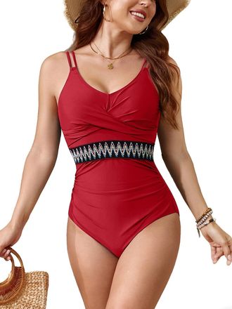 SHEKINI Women Twist Front One Piece Swimsuits Vintage Stripes V Neck Swimming Costume Lace Up Double Straps Tummy Control Bathing Suits