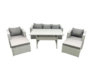 Fimous Garden Dining Set Outdoor Rattan Furniture Set with Sofa Dining Table 2 Chairs 2 Big Footstools Light Grey Mixed