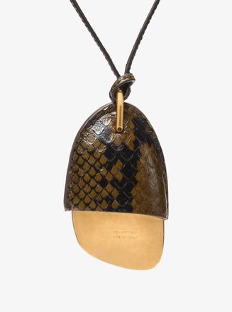 Michael Kors Brushed Brass and Snake Embossed Leather Wrapped Pendant Necklace