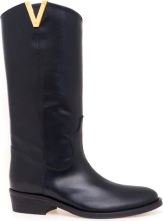 Via Roma 15 Zwarte hoge laarzen met gouden V - Dames - Hoge Laarzen - Zwart - 39 EU - Schoenen