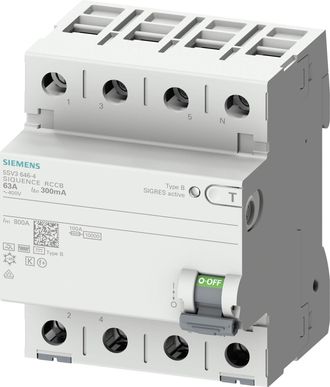 SIEMENS Interruptor Diferencial, 4 Polos, Tipo B, Con Retardo De Tiempo Corto, In: 63 A, 30 Ma, 5sv33464