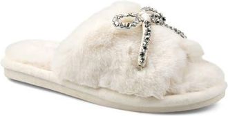 Candie's Franney Bow Embellished Faux Fur Slipper in Off White at Nordstrom, Size 10