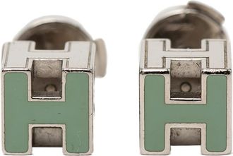 Herm&egrave;s Pre-owned Hermes Palladium Plated Enamel Cage dH Cube Push Back Earrings Ladies VPSZEGY2PFA5XOAJ