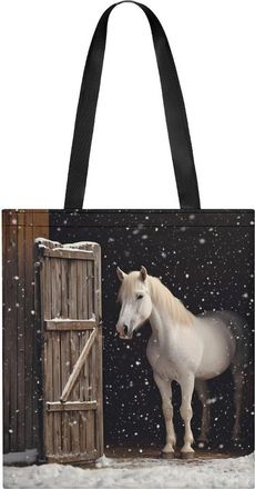 Generic White Horse Peeking Out at The Snowy Tote Bag for Women Men Shoulder Bags Purses Pouch Handbags