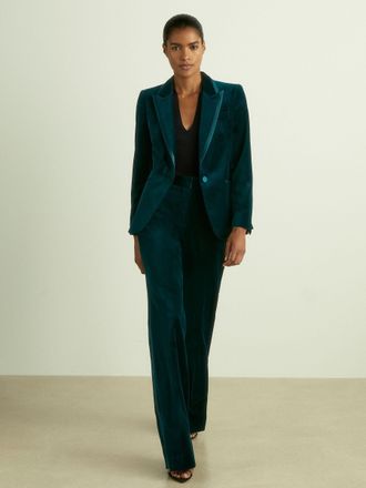 Reiss Parisa Teal Velvet Flared Suit Trousers, 12R, Dark Green
