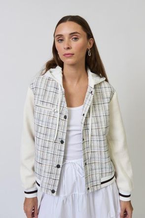 Central Park West Logan Tweed Bomber Jacket in White Plaid at Nordstrom, Size X-Small