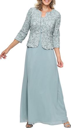 Alex Evenings Sequin Soutache Lace Empire Waist Chiffon Gown with Jacket in Ice Sage at Nordstrom, Size 12