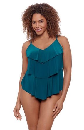 Aqua Green Triple Ruffle Tier Adjustable Tankini Swimsuit Top in Lagoon at Nordstrom, Size X-Large