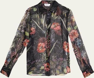 Alexander McQueen Floral-Print Silk Organza Collared Blouse