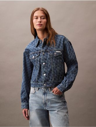 Calvin Klein Jeans Calvin Klein Womens 90s Allover Monogram Denim Trucker Jacket - Blue - XL