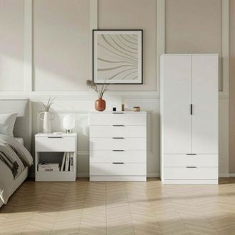 Home Discount Trega 3pc Bedroom Furniture Set - 1 Drawer Bedside, 5 Drawer Chest & 2 Door Wardrobe, White