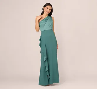 Adrianna Papell One-Shoulder Long Satin Crepe Mermaid Gown In Green Slate