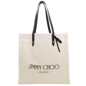 Jimmy Choo London Beige Black Canvas Leather Tote Bag (Pre-Owned)