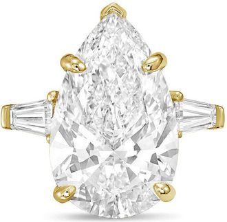 Diana M. Jewels 14kt yellow gold 4ct lab grown pear diamond ring with baguettes on the sides