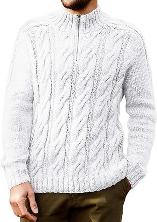 Feoya Mens Quarter 1/4 Zip Jumper Turtleneck Sweater for Men UK Slim Fit Knitted Sweatshirt Warm Chunky Cable Knit Pullover Stand Collar Knitwear White XL W
