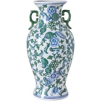 Beliani Flower Vase White and Blue Porcelain Decorative Table Accessory Antique Vintage SEGOWIA