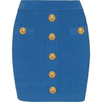 Balmain Short Skirts, female, Blue, Size: S Blue Knit Pencil Skirt with Gold Buttons