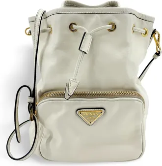 Prada Soft Leather Bucket Bag White Gold Hardware