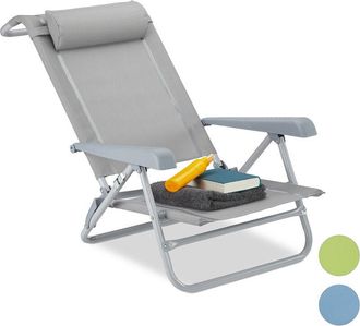 Relaxdays Relaxdays - Folding Deck Chair, Neck Cushion, Bottle Opener, Adjustable Armrests, 120 kg, Textilene Fabric, Gray