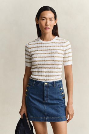 GANT Women Striped Cable Knit Short Sleeve Sweater (XXL) OAT BEIGE