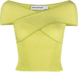 Self Portrait knitted off-shoulder top - women - Viscose/Metallic Fibre/Polyamide/Polyester - S - Green
