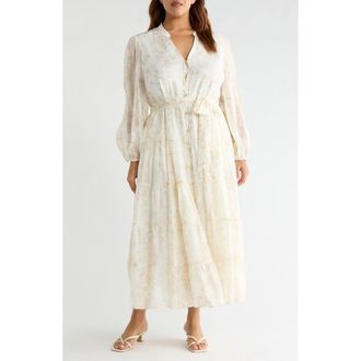 Vince Camuto Floral Long Sleeve Tiered Shirtdress in Camel at Nordstrom, Size 2 X