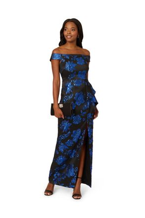 Adrianna Papell Womens Studio Off The Shoulder Draped Gown - Blue - Size 12 UK