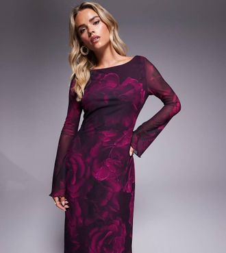 Forever New Vestito sottoveste lungo color prugna con rose in rete a maniche lunghe-Rosso