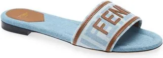 Fendi Flat Denim Logo Slide Sandal in Denim Cielo at Nordstrom, Size 36.5