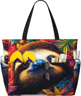 Generic Colorful Sloth Print Large Beach Bag Foldable Travel Shoulder Tote Bag With Pocket For Weekender Pool Vacation