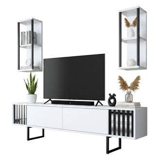 Dmora Dmora - Mueble De Televisi&oacute;n Ananke, Aparador De Sal&oacute;n, Mueble Bajo Para Tv, Base De Pared Equipada, 180x30h48 Cm, Blanco Y Negro, Con Embalaje Reforz