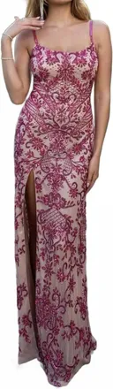 Rachel Allan Fully Beaded Fitted Long Evening Gown In Nude Hot Pink