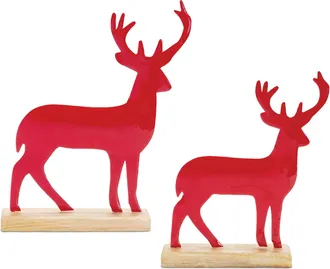 Melrose International Metal Deer Silhouette with Wood Base (Set of 2) - Red