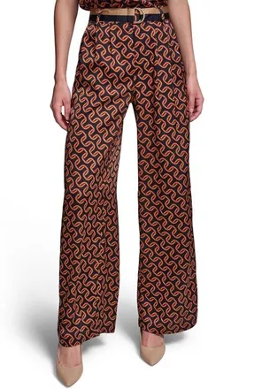 Karl Lagerfeld Geo Print Side Stripe Belted Pants in Midnight Navy/Siena at Nordstrom, Size X-Small