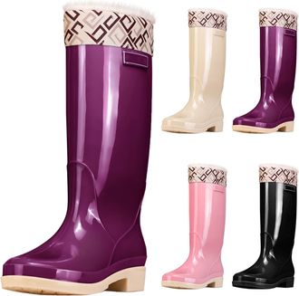 Generic Wellington Knee High Rain Boots for Women Size 4.5 Wellies Warm Fur Lined Slip On Rainboots Ladies Thermal Comfortable Garden Boots Waterproof Non-Sli