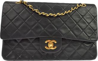 Chanel Vintage Classic Double Flap Quilted Lambskin Black Leather Handbag (Pre-Owned)