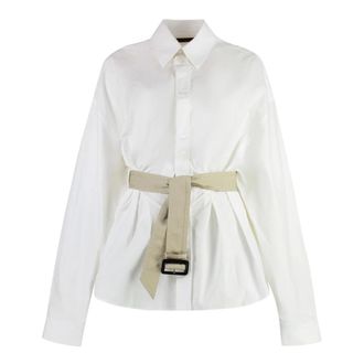 Balenciaga Shirts, female, White, Size: S Cotton Shirt with Coordinated Waist Belt