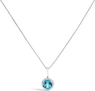 House of Brilliance 10K Gold Gemstone and 1/10 Cttw Diamond Accent Halo Pendant Necklace in White | Blue Topaz at Nordstrom