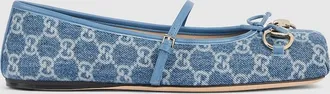 Gucci Womens Gucci Horsebit Ballet Flat, Blue, Fabric