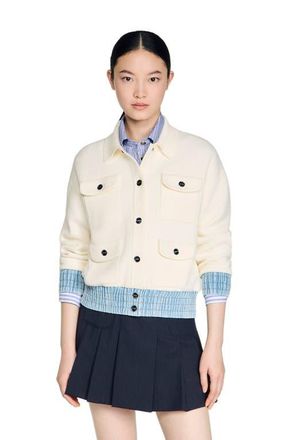Sandro Cardigan with denim details in Ecru at Nordstrom, Size X-Small