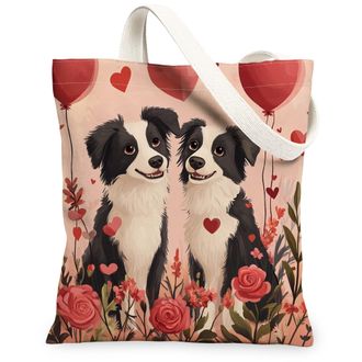 Generic Valentines Day Border Collie Dog Canvas Tote Bag for Shopping 13x15, Fun Couple Puppy Reusable Grocery Print Pattern Bag for Women, Lover Beach Aesthe