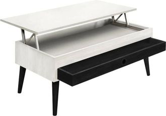 HOGAR 24 Mesa Centro Elevable Caj&oacute;n Deslizante Madera Maciza Color Blanco Y Negro, Pata C&oacute;nica