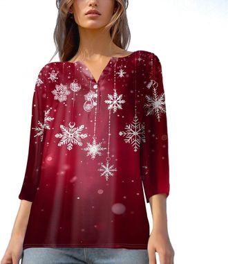 Generic Chrismtas Long Sleeve T Shirt for Women 2025 2024 Womens Christmas Sweaters Snowflake Print 3/ Sleeve Button V Neck Tops Casual Holiday Xmas Shirts Cl