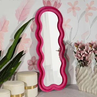 Dmora Espejo Marylin, Marco Ondulado Efecto Terciopelo, Forma Rectangular, Tipo De Pared, 60x160h Cm Rosa