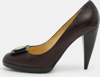 Versace Metallic Brown Leather Medusa Block Heel Pumps